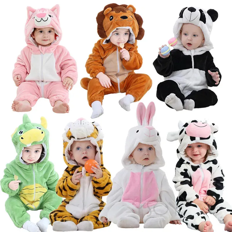 Rompers Baby Rompers Winter Costume Flannel for Girl Boy Toddler Infant Clothes Kids Overall Animals Panda Tiger Lion Unicorn Ropa Bebe 231212