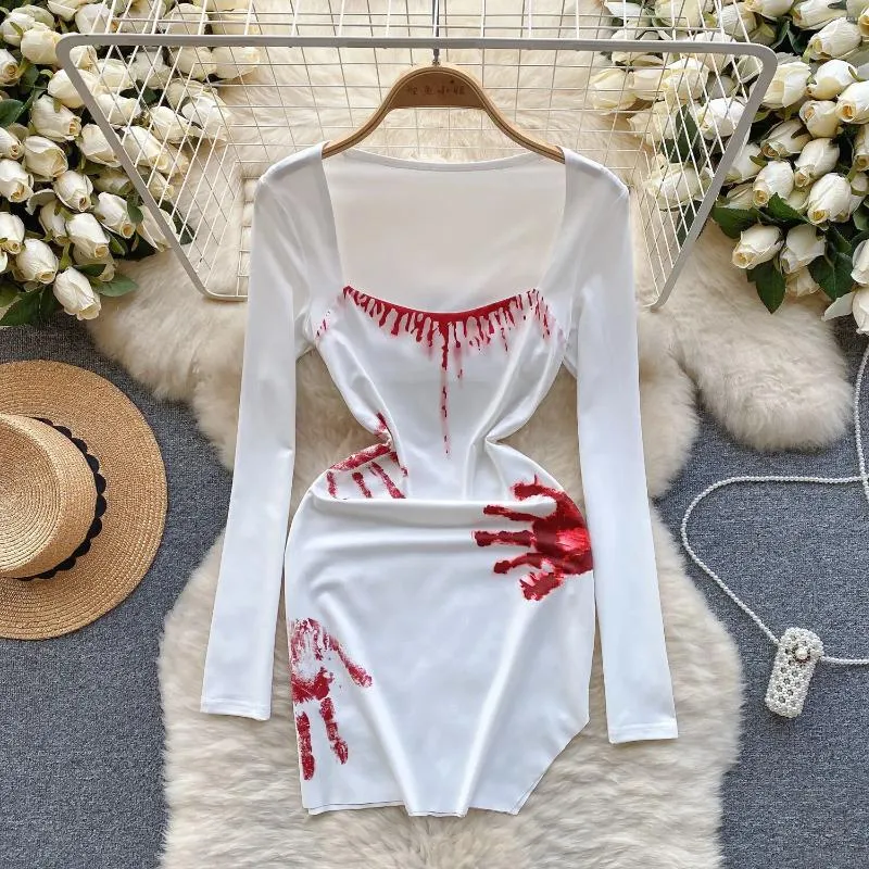 Vestidos casuais foamlina picante menina horror mão impressão vestido feminino sangue handprint diversão irregular branco split puro desejo mini