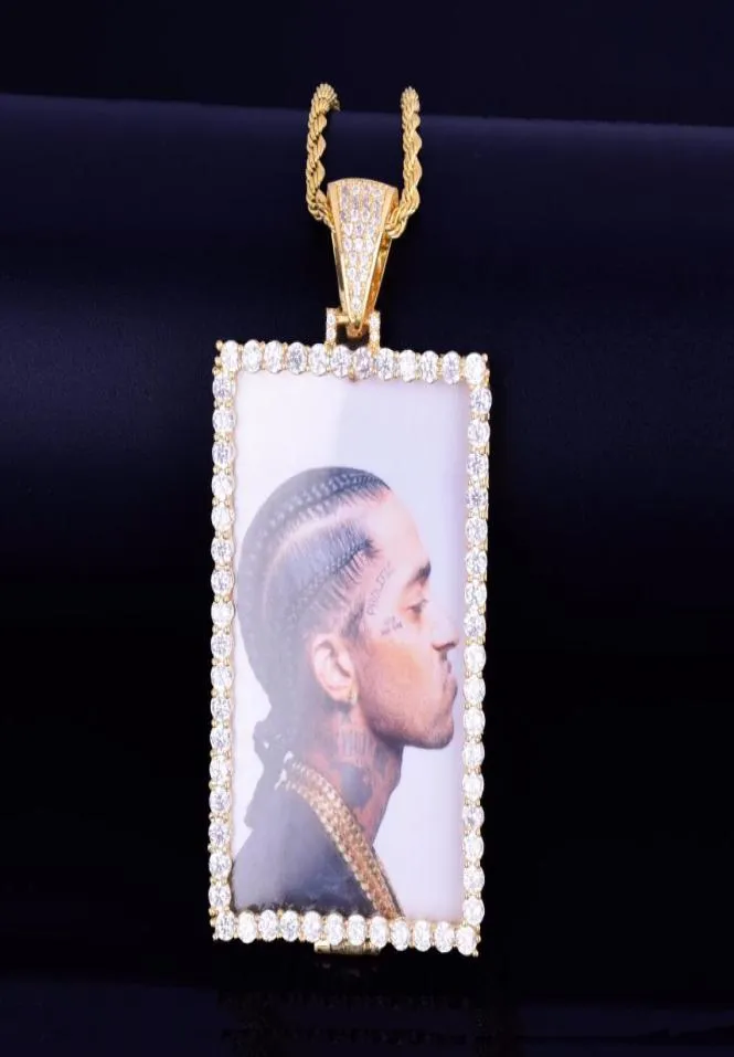 Ny specialanpassad PO Squar Medallions Halsband hänge med repkedja Guld Silver Color Cubic Zircon Men039S Hip Hop Jewelr8143088