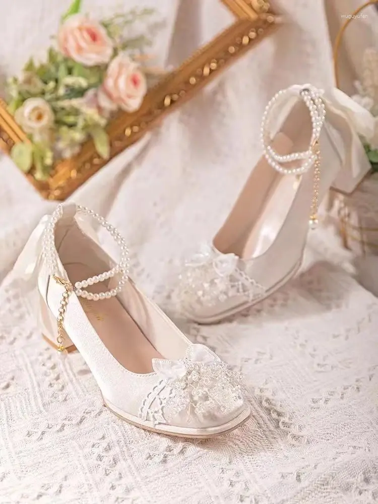 Sukienka buty 2023 Summer Rhinestone Bow Knot Antique High Heels Mary Jane okrągły palca dla kobiet