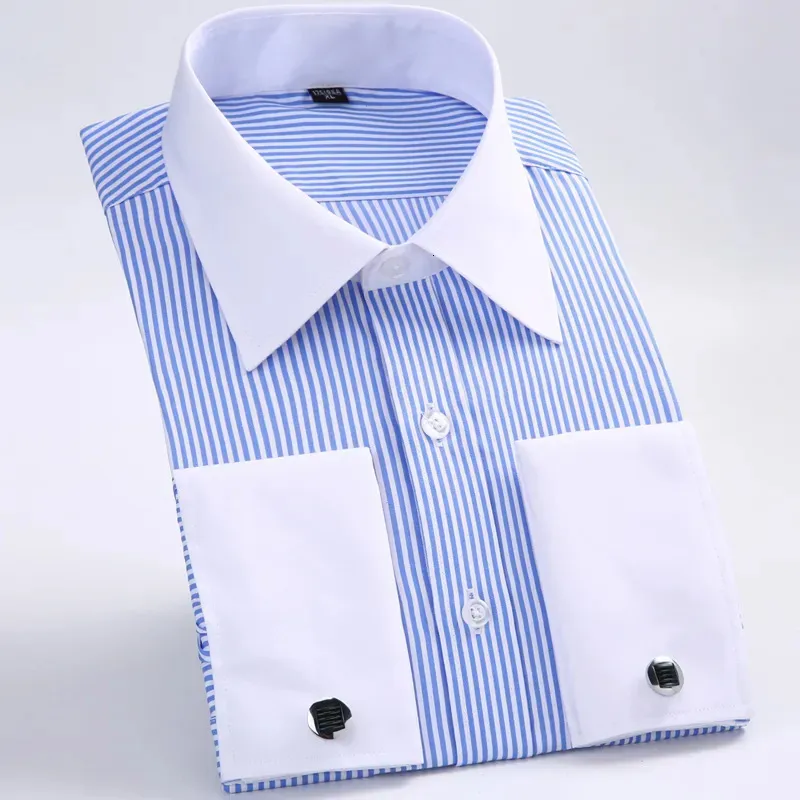 Men's Dress Shirts Classic French Cuffs Striped Shirt Single Patch Pocket Standardfit Long Sleeve Wedding Cufflink Included 231212