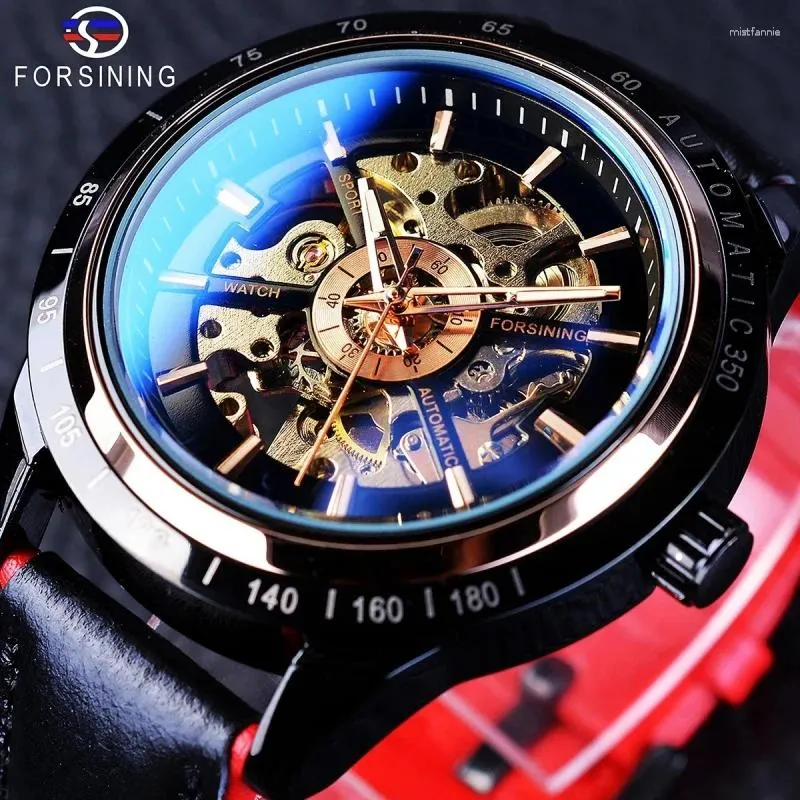 Relógios de pulso Forsining Blue Light Vidro Mecânico Relógio Masculino Lazer Esportes Oco Automático