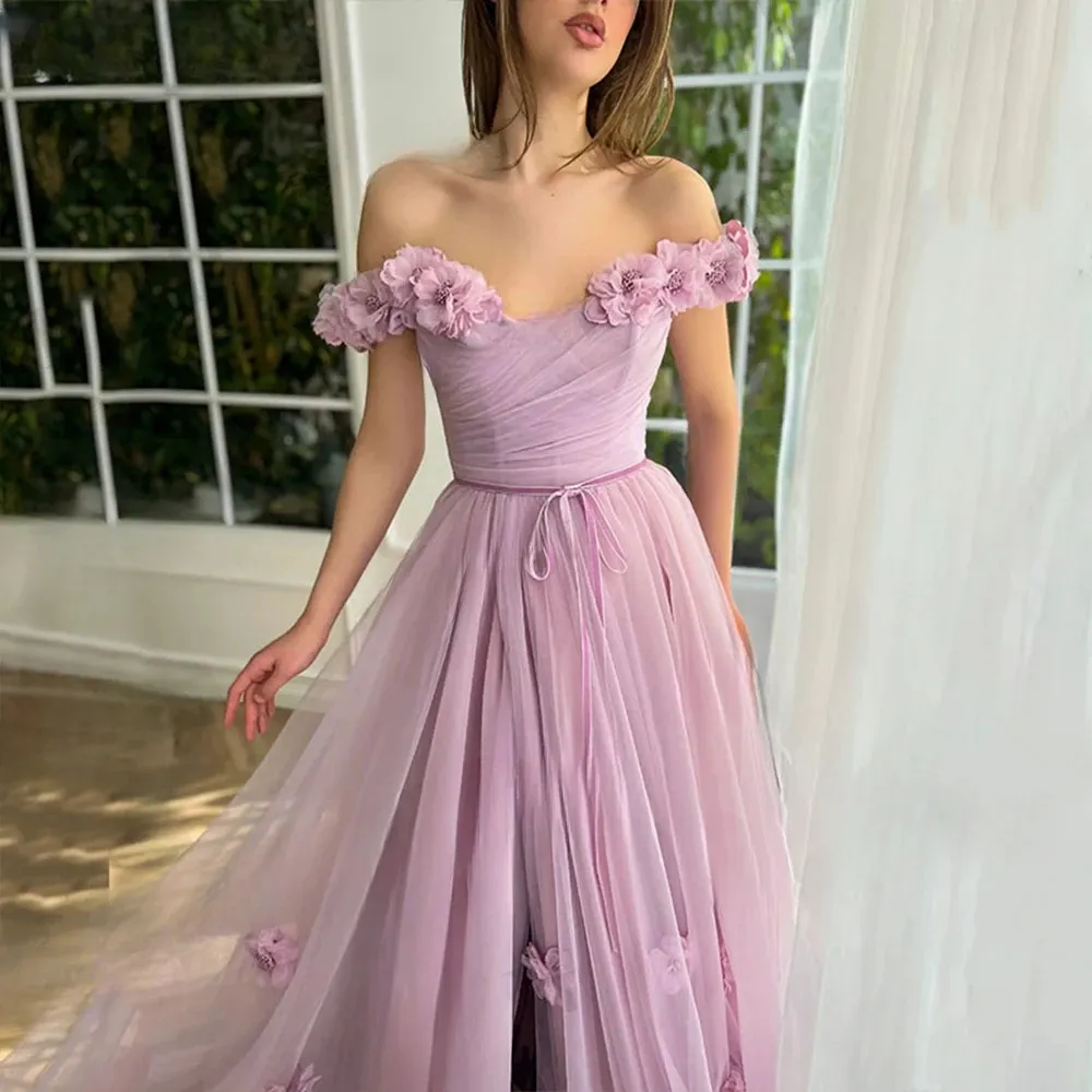 knee length dresses for ladies Off The Shoulder A-Line Sweep Train Split Front Pink Prom Dress PG830 US10 / Custom Color