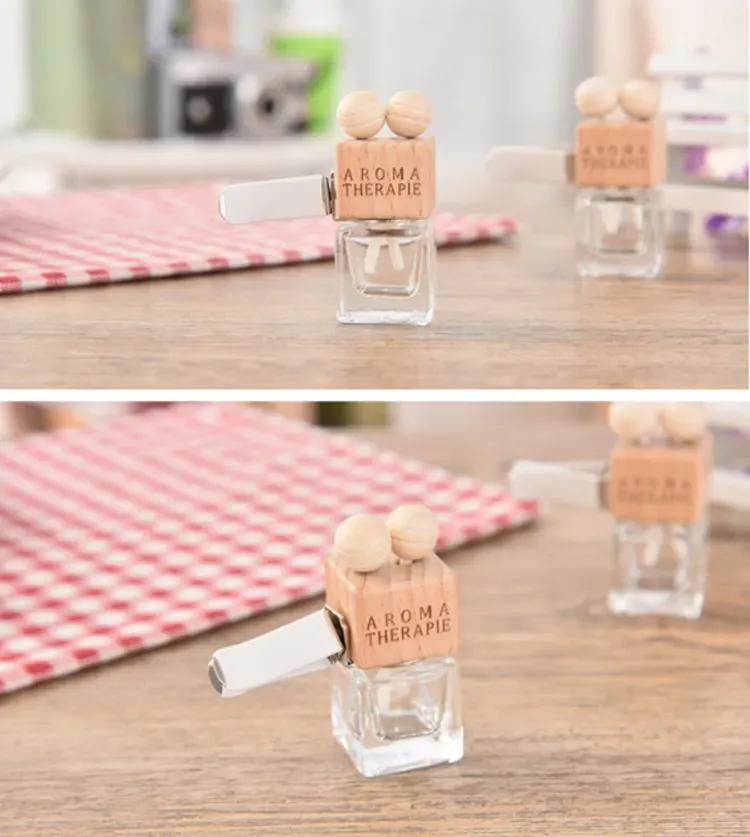 HOt Sale Clear Glass Bottle for Hanging Car Air Freshener Perfume Diffuser Fragrance Empty Refillable Oil with Wooden Candy and Cap