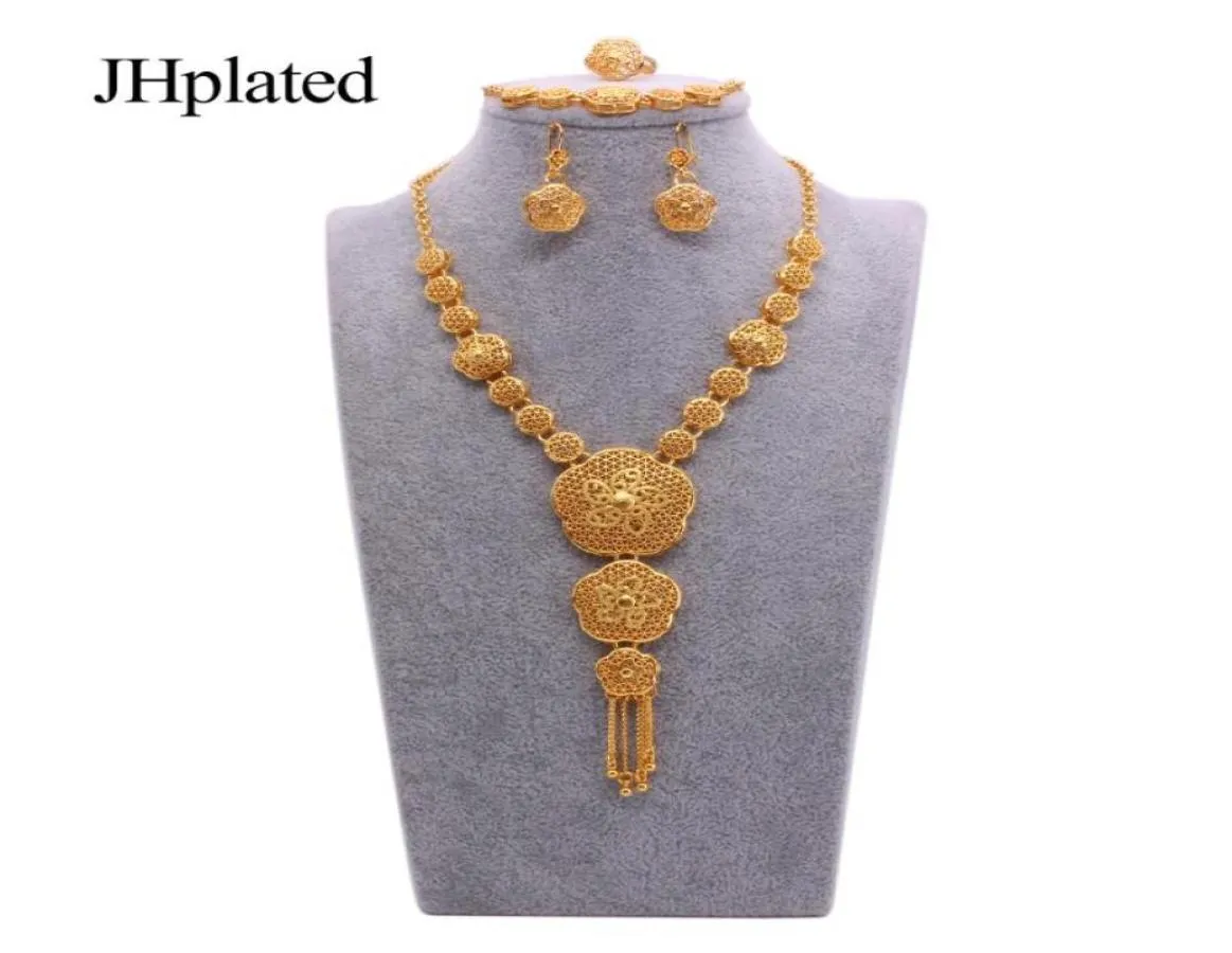 Afrikanska Dubai 24K Gold Plated Filled Bridal Jewelry Set bröllopsgåvor smycken halsband örhängen ringarmband set för kvinnor 8028762