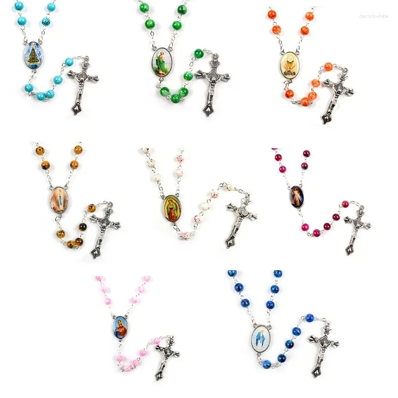 Chains Mary For Cross Pendant Necklace Rosary Round Glass Beads Women N2UE