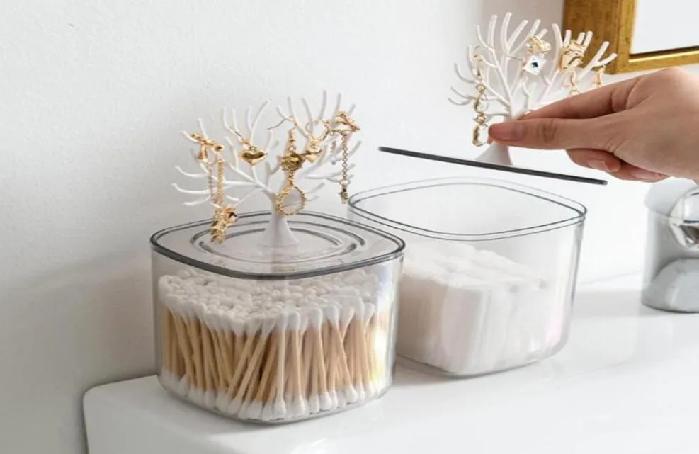 Caixas de armazenamento caixas de cotonete de algodão de mesa com pequena árvore rack transparente organizador jar canister home9930049