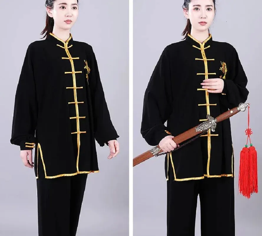 Ropa Etnica Al Por Mayor Hombres Chinos Mujeres Trajes De Kung Fu Bordado Dragon Dorado Manga Larga Tai Chi Arte Marcial Uniforme Conjunto 231212 De 28 76 DHgate