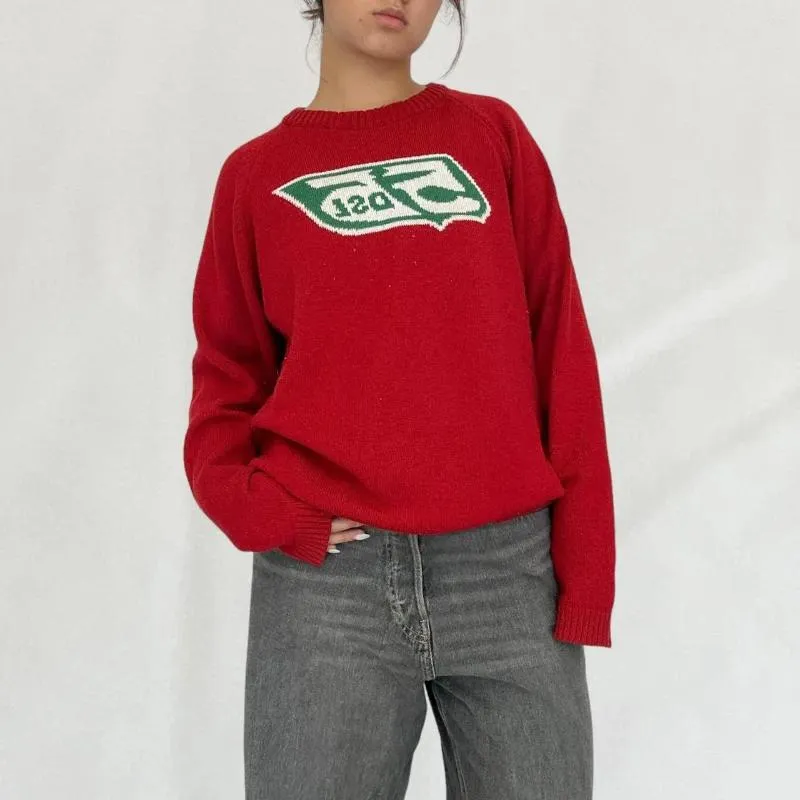 Suéteres de mujer Y2K Harajuku, jerséis con patrón estético, prendas de punto para otoño/invierno, ropa de calle de los años 90, suéter rojo de gran tamaño con cuello redondo