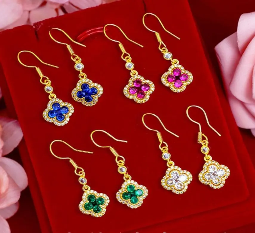 Microset trèfle à quatre feuilles Zircon boucles d'oreilles hameçon 18K or jaune rempli belle tendance femmes boucles d'oreilles pendantes brillant cadeau 9673524