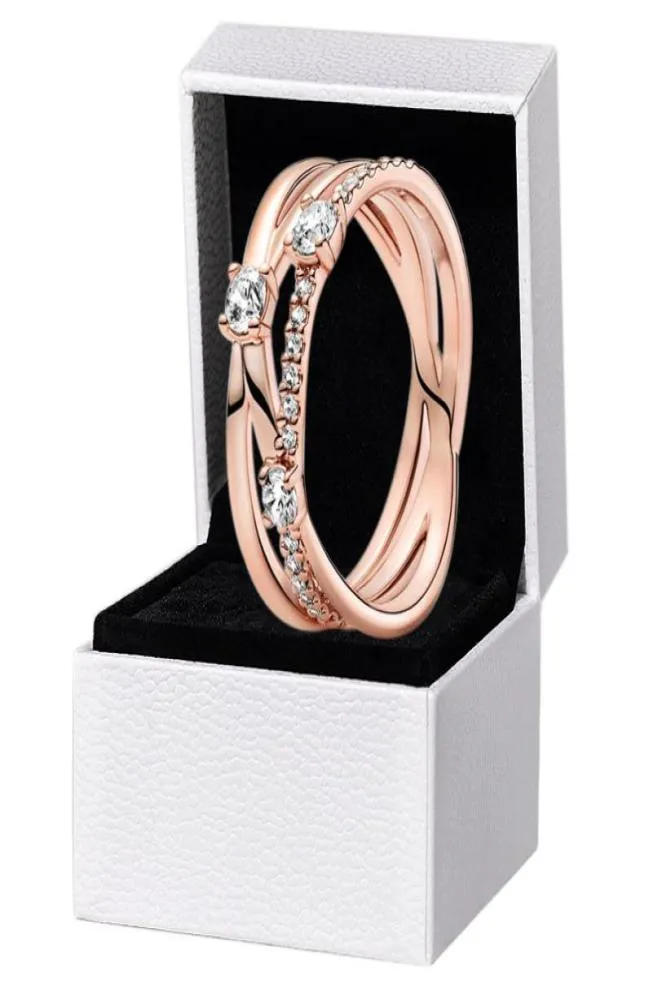 Bague triple scintillante en or rose 18 carats Boîte d'origine pour argent 925 CZ diamant Femmes Filles Designer de mariage Bijoux Rings8555884