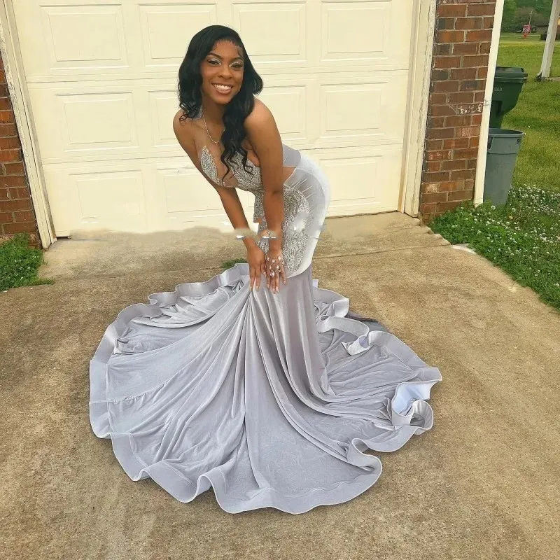 Sexy Silver Mermaid Prom Dresses For Black Girls Rhinestone 2024