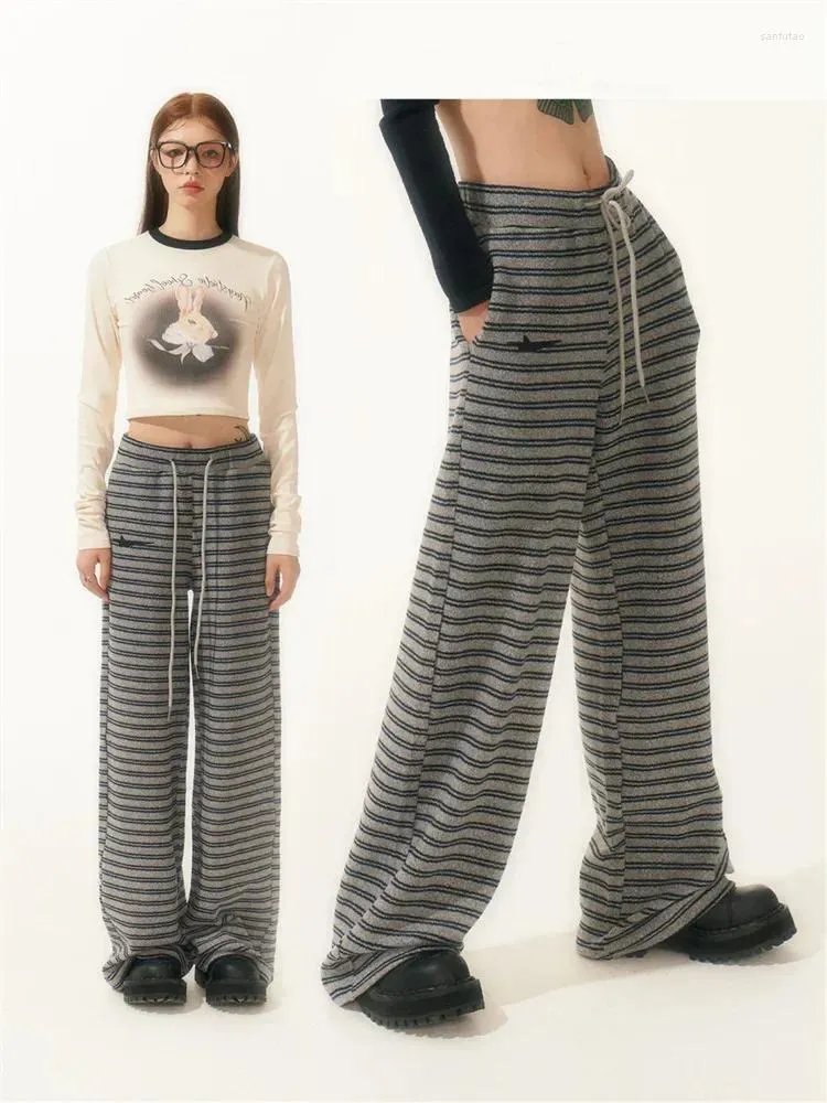 Damenhose Vintage Winter Warm Gestreifte Sweatpant Y2K Koreanischer Stil Kordelzug Weites Bein Hose Harajuku Oversize Jogger Lounge Hose