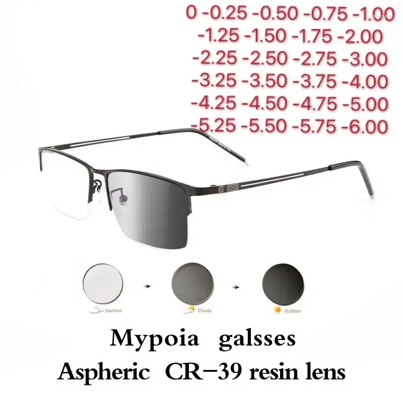 Óculos de sol Sun Pochromic terminou os óculos de miopia homens homens metal meio quadro Chameleon Eyewear de maneira curta 0,5 -0,75 -1,0 a -6,0