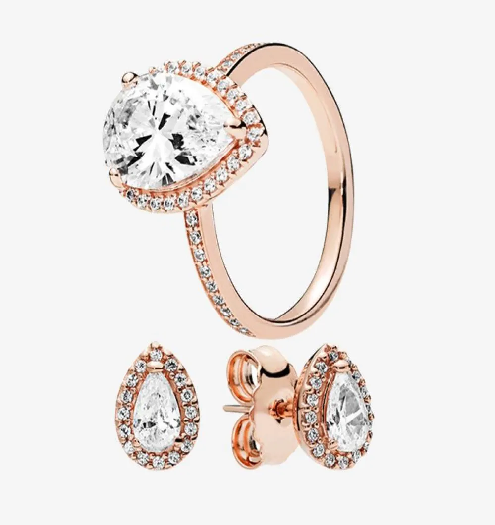 Luxury 18k Rose Gold Teardrop Ringörhängen Set Original Box For Real 925 Silver Women Wedding Gift Tear Drop Rings Stud Earring4169835