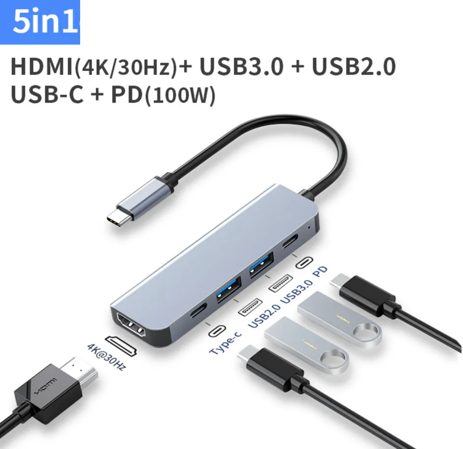 5 المنافذ USB 3.0 2.0 محور النوع A C مُحول مُركّص متعدد الفاصل متعدد الموسع 5 في 1 PD 100W 5V 3A