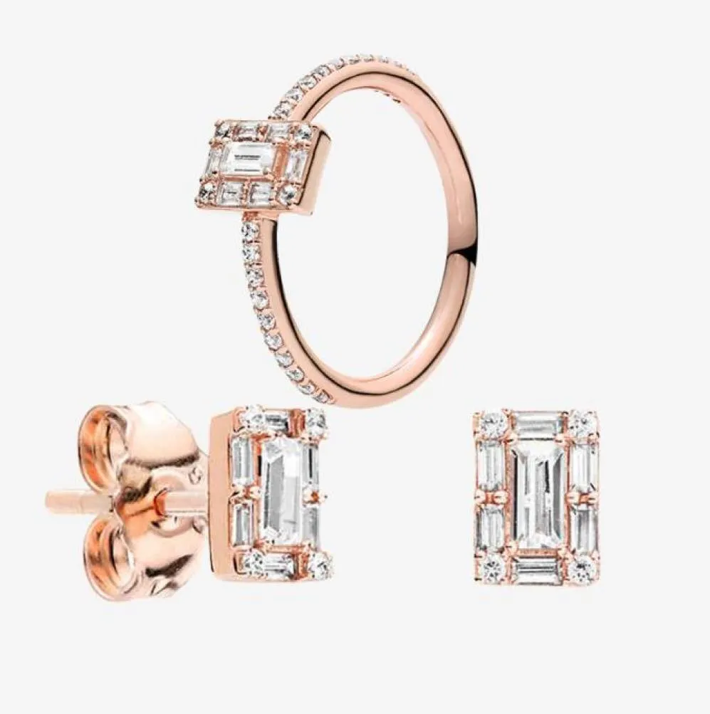 Set di anelli e orecchini di lusso di design in oro rosa 18 carati Set di gioielli da sposa per donna per orecchini in argento 925 scintillanti quadrati Halo Orecchini5499362