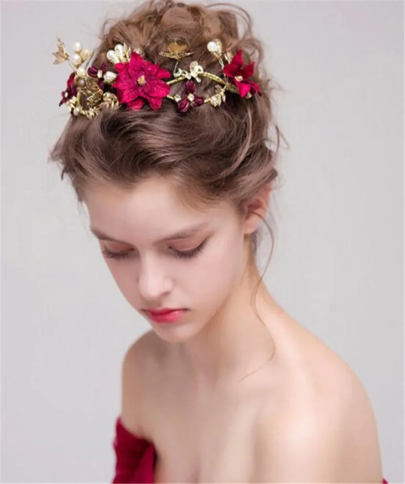 Casamento nupcial borgonha flor vermelha bandana hairband ouro strass coroa tiara cristal acessórios para o cabelo jóias princesa headpie6974636