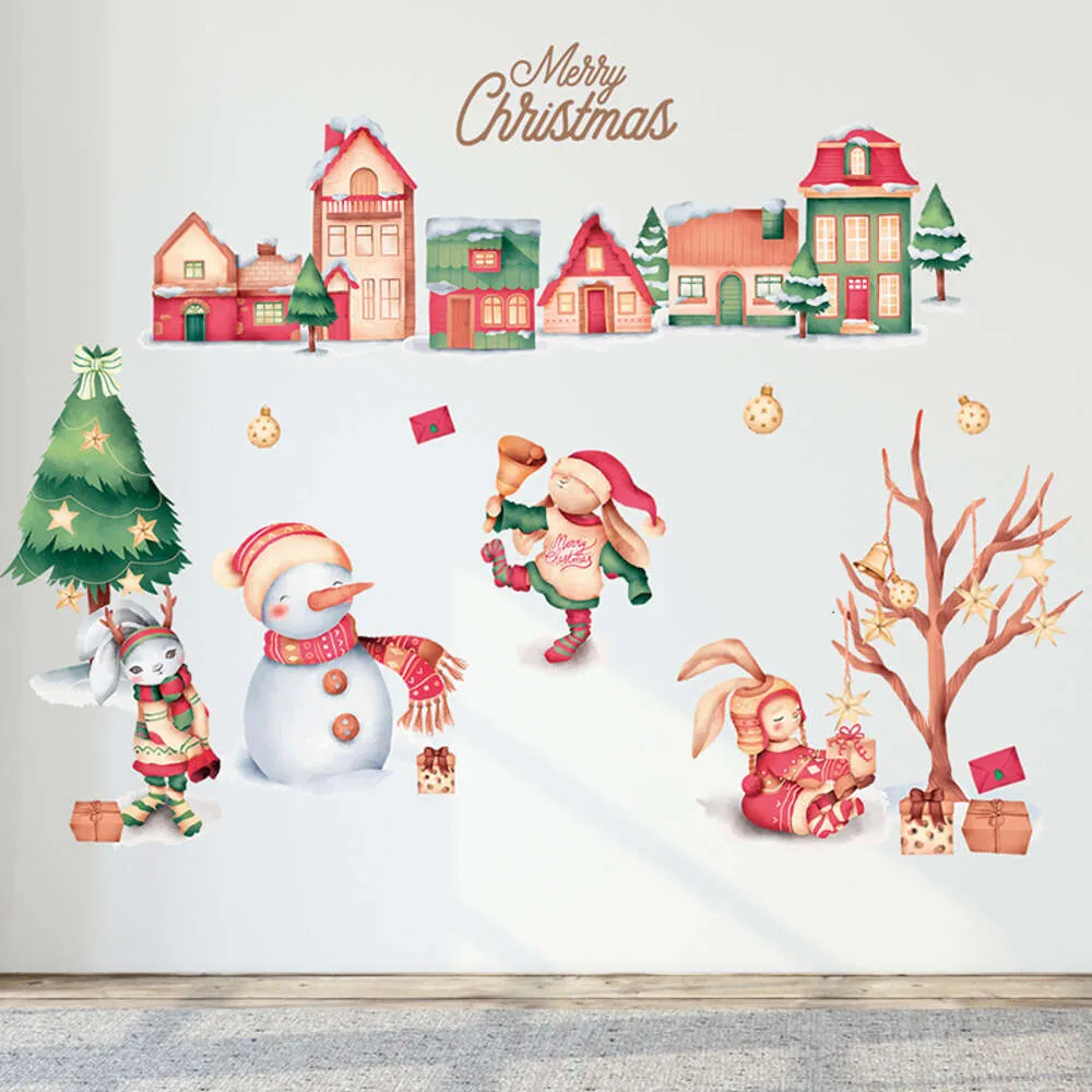 Pegatinas de pared navideñas rojas para sala de estar, dormitorio, decoración del hogar, ofertas de Pvc, casa de invierno, hombre de nieve, conejito, árbol, Feliz Navidad