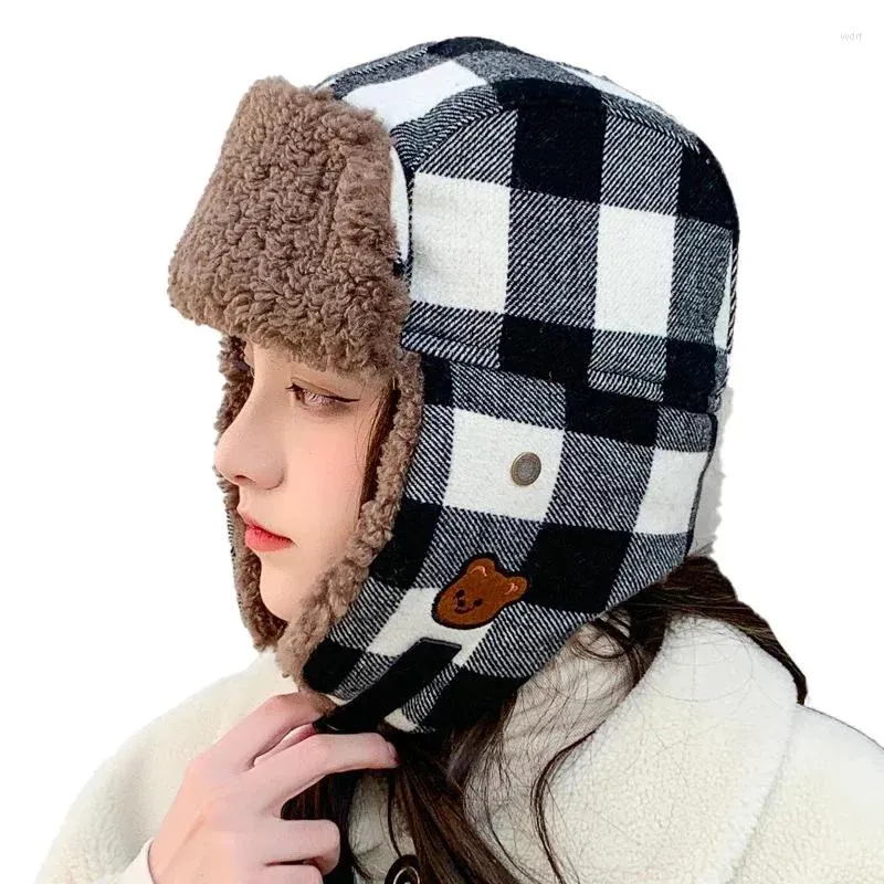 Berets Pilot Winter Hat Outdoor Ski Russian For Women's Ushanka Warm Trapper Cap Plaid Bomber Men Cashmere Design Earflap