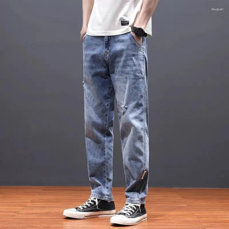 Mäns jeans för män elastiska stretchbyxor trasiga manliga cowboybyxor med hål trasiga rippade rippade rakt estetiska retro bomull