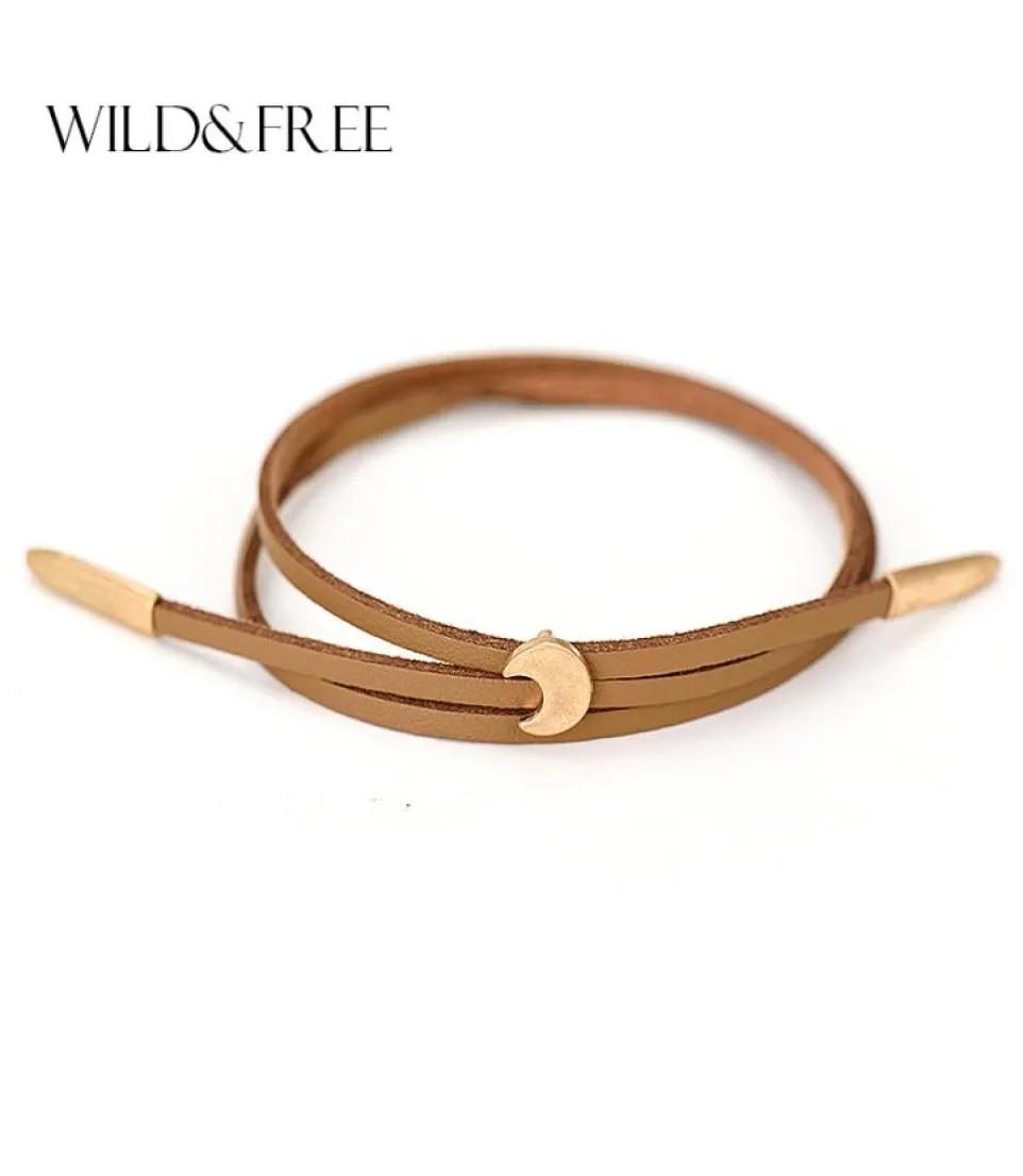 Whole Women New Double Layer PU Leather Bracelets Vintage Worn Gold Zinc Alloy Moon Pendant Adjustable Charm Bangles Jewelry 4397550