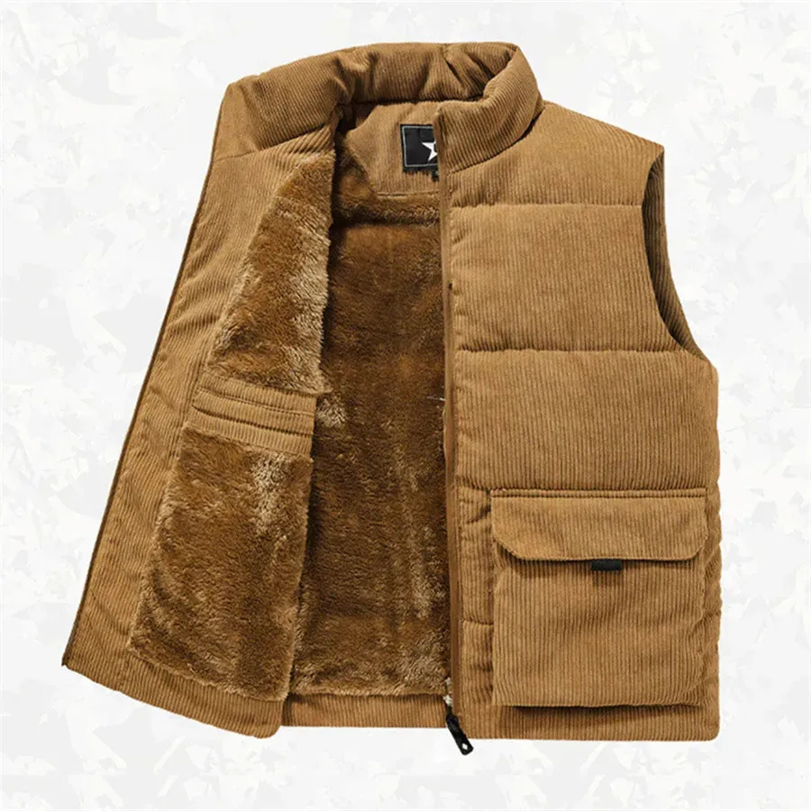 Men's Fur Faux Winter Wool Vest Men Cotton Padded Warm Jacket Sleeveless Coat Stand Collar Waistcoat Corduroy Outwear Clothing Oversize 231213