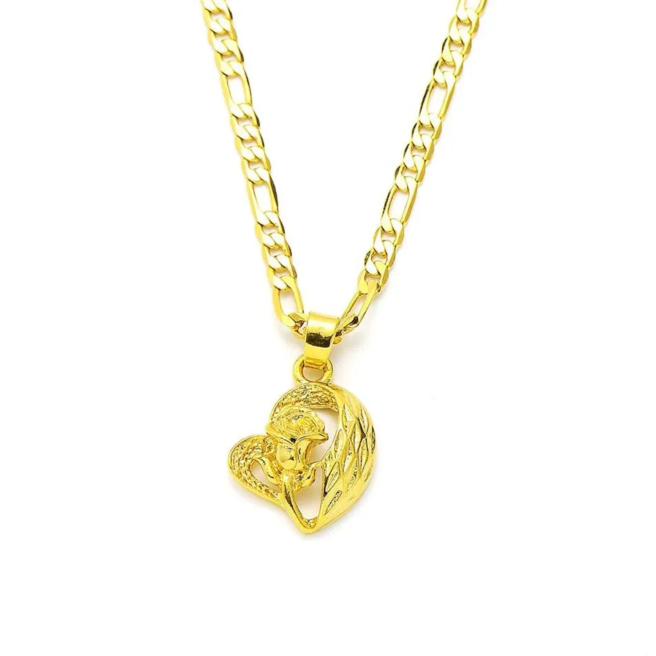 Ciondolo a forma di cuore con rosa, collana in oro giallo massiccio 14k, GF, catena italiana a maglie Figaro, 24,3 mm, da donna2431