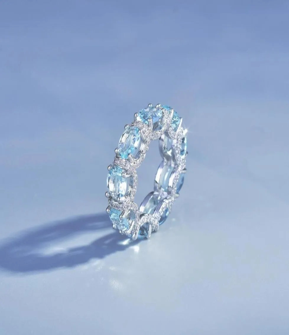 Lüks Oval Aquamarine CZ Ring 925 STERLING Silver Party Aly Band Rings için Kadınlar İçin Vaat Mücevher Hediye 8768314