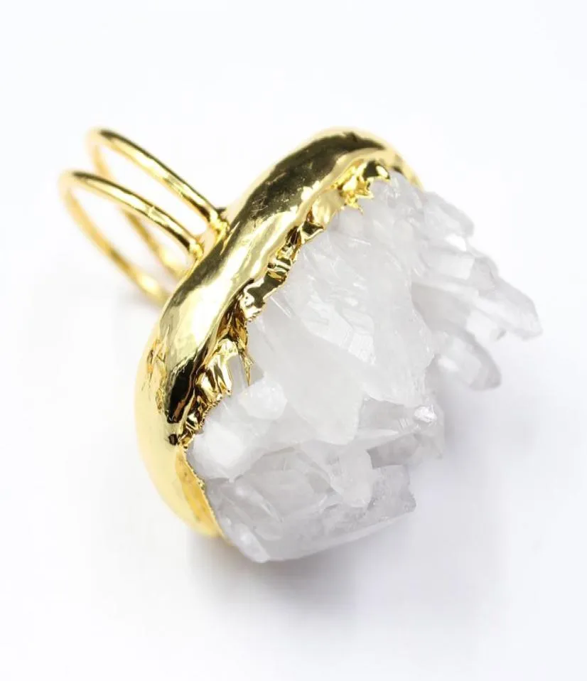 GuaiGuai Jewelry Natural Clear Quartz Druzy rough Cluster dom Shape Gold color Electroplated Ring Adjustable9737335