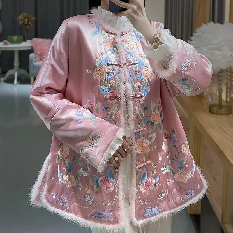 Этническая одежда, зимняя женская куртка высокого качества, топ в китайском стиле с вышивкой, элегантное женское ацетатное пальто Hanfu, женский SXXL 231212