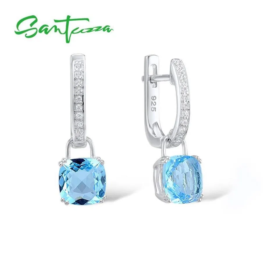 Santuzza Silverörhängen för kvinnor Pure 925 Sterling Silver dingle örhängen Long Sky Blue Cubic Zirconia Brincos Fashion Jewelry J259n