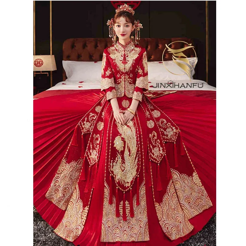 Ethnische Kleidung Rote chinesische Braut Hochzeit Party Qipao S6XL Alltagskleidung Stickerei Frauen Hanfu Kleid 231212