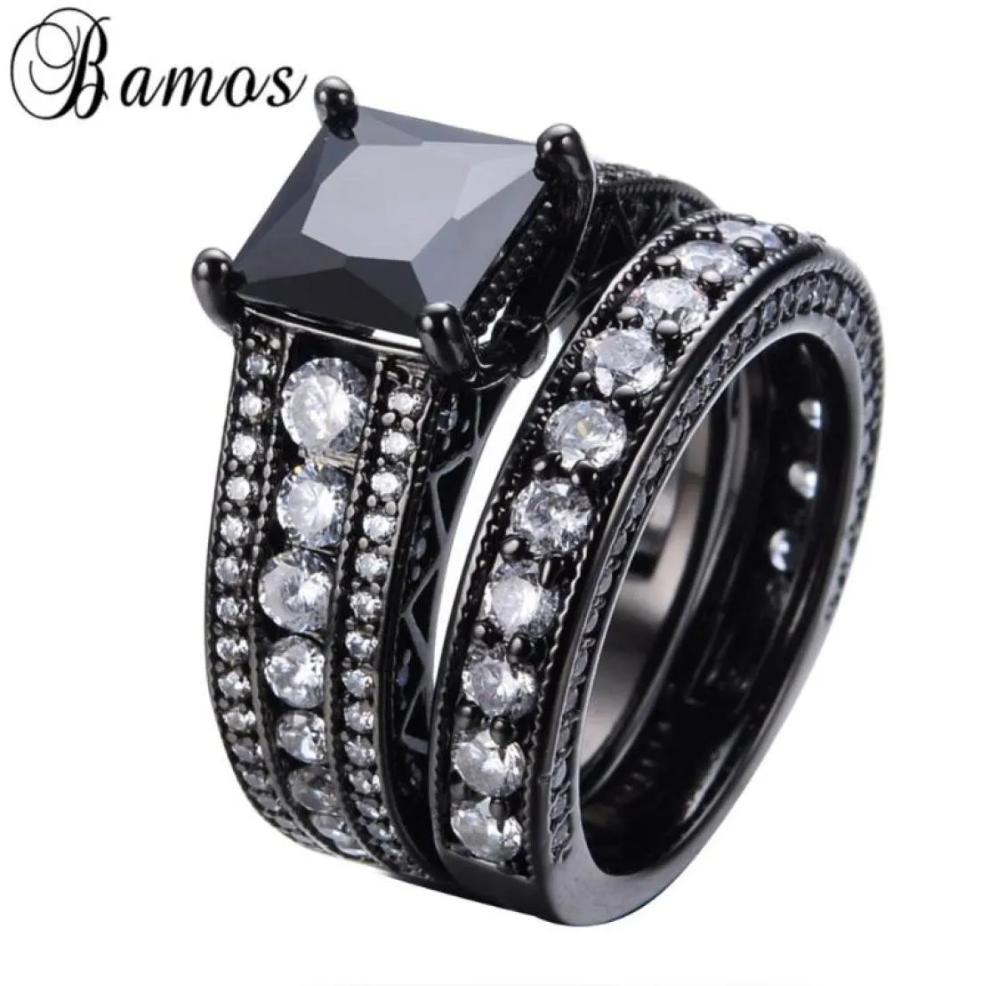 Wedding Rings Bamos Romantic Black White Zircon Ring Sets For Couple Gold Filled Party Engagement Love Anillos RB01501958118