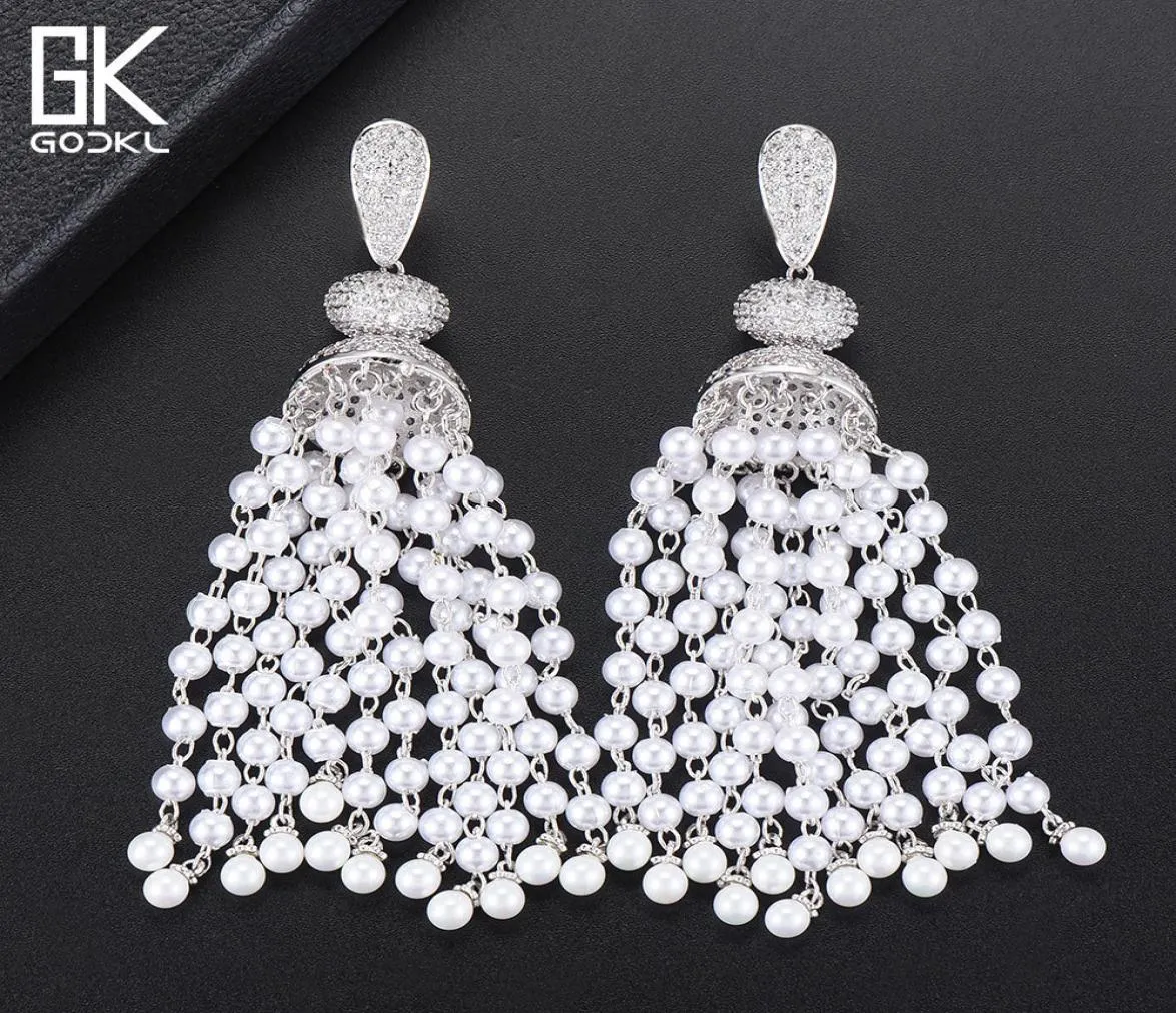 Pendientes largos Godki de lujo con perlas de imitación y borlas para mujer, pendientes colgantes de plata nupcial de Dubái con circonita cúbica de boda 2018 J8142943