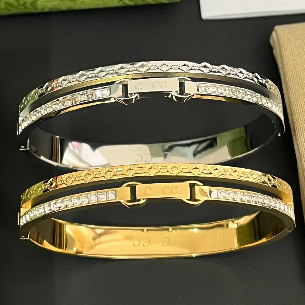 Luxuey Designer 18K Gold Plated Silver Bangle Bracelets Charm Crystal Rhinestone Bracelet Brand Letter Steel Seal Stainless Steel Lovers Christmas Gift Jewelry