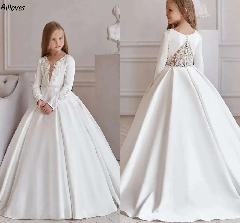 Robes de fille de fleur en satin ivoire col rond manches longues strass perlées petites filles robes de mariée de fête formelle balayage train robe de première communion pour tout-petits CL3048