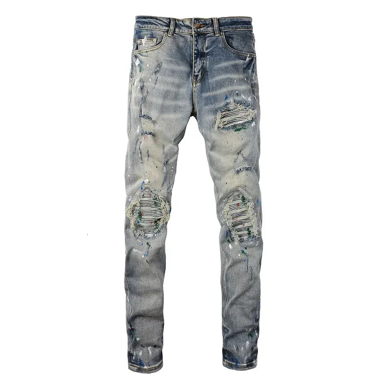 Men's Jeans Men Painted Stretch Denim Biker Streetwear Cracked Patch Patchwork Holes Ripped Distressed Pants Skinny Tapered Trousers 231213