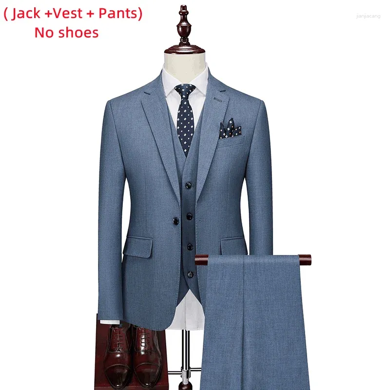 Mens Suits Jacket Vest Pants / 2023 Högkvalitativ män Slim kostym Formell affär Brudgum Bröllop Social klänning Blue Grey High-End Casual Tuxedo