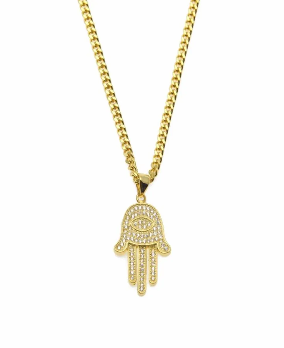 Colares Pingente Ouro Prata Fatima Hamsa Mão Bling CZ Gelado Charme Cadeia Cubana Para Mulheres Mens Hip Hop Jóias8758173