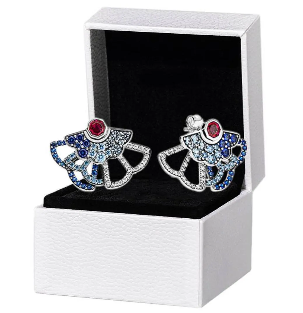 Autentisk 925 Sterling Silver Fan-Shaped Stud Earring Original Box för Blue Pink Cz Diamond Womens Party Jewelry Earrings7160468