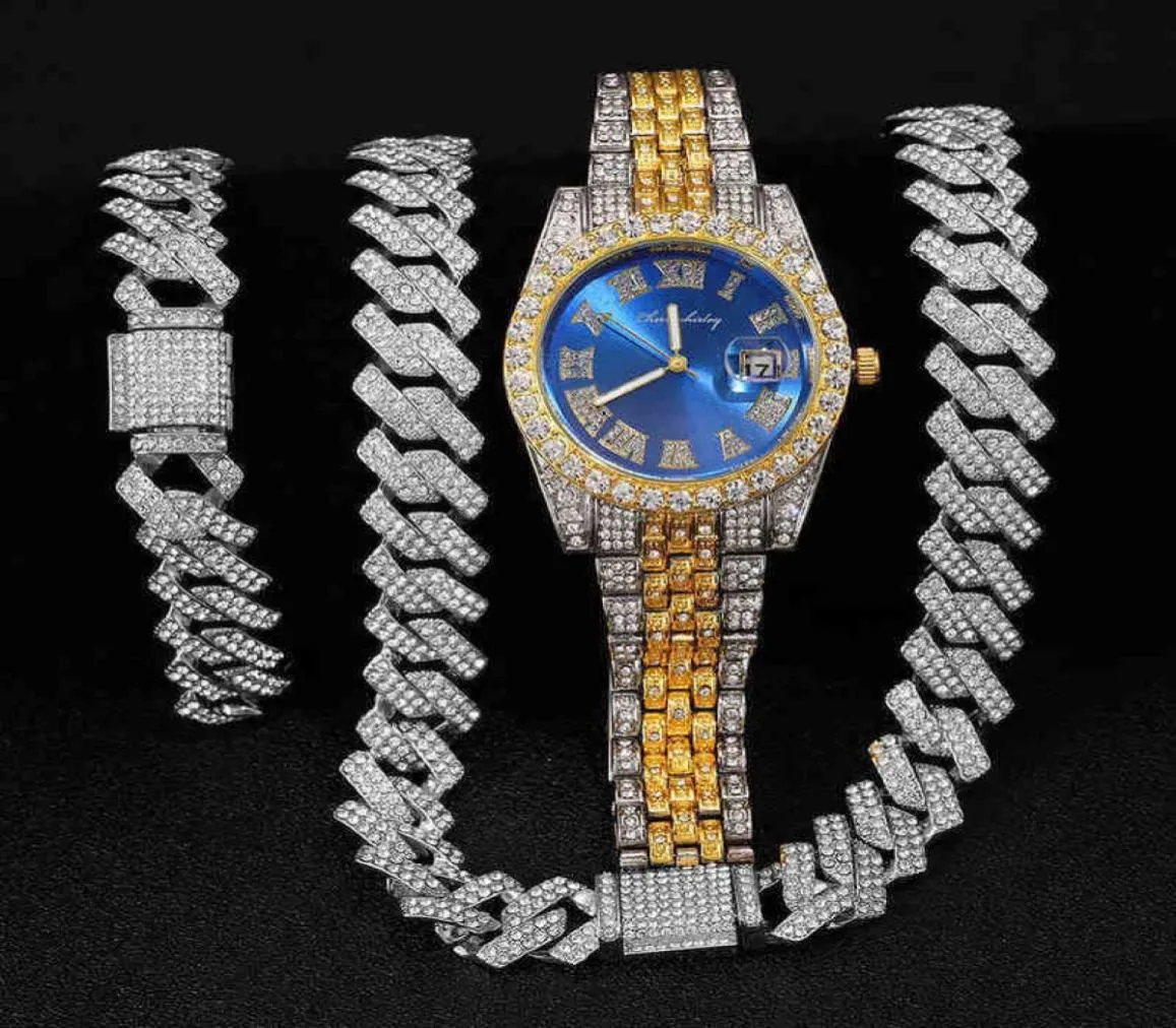 HBP Hip Hop -halsband 16mm 3 -stycken Set Heavy Duty Watch Prong Cuban Necklace Armband Bling Crystal AAA Ice Rhinestone Chain Jewelr4609934