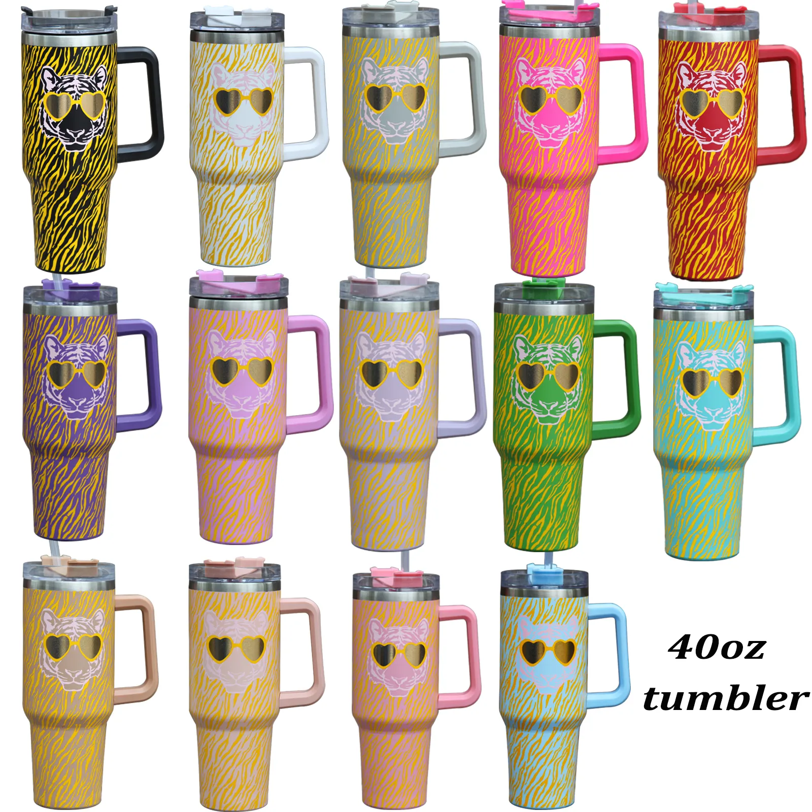 40oz Tumbler Designer Tumblers Tigher Design Rostfritt stål med logotyphandtag Lock Straw Big Capacity Beer Mugg Water Bottle Outdoor Camping Cup