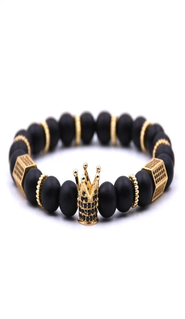 8mm Frosted stone Metal Crown Bracelet For Women Beaded Bracelet Men Vintage Charm Jewelry For Boys Drop9548637