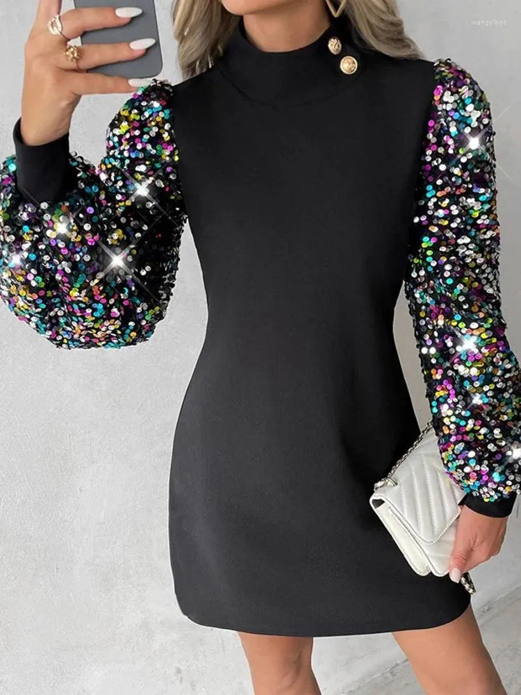 Casual Dresses Spring For Women 2024 Hock Neck Sequin Lantern Sleeve Sequin Dress Fashion Streetwear Slim Fit Elegant Mini