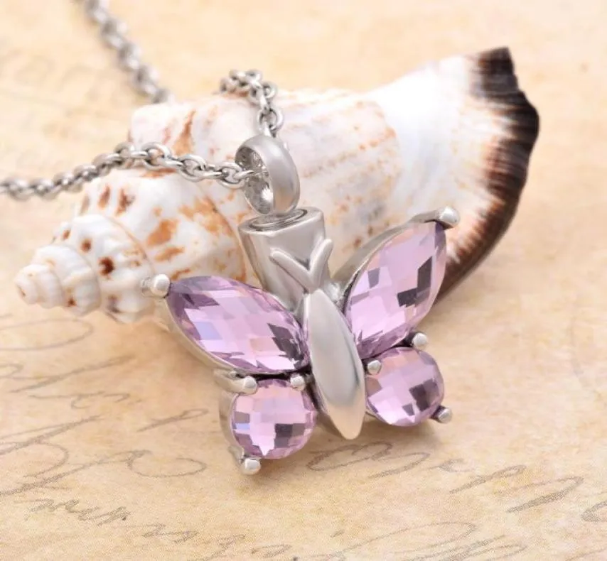 CMJ8497 COTELEGant Pink Crystal Butterfly Peepsake Cremation Jewelrry Urna Wisiant Naszyjnik Pet Memorial Jewelry Peepsake 6977399