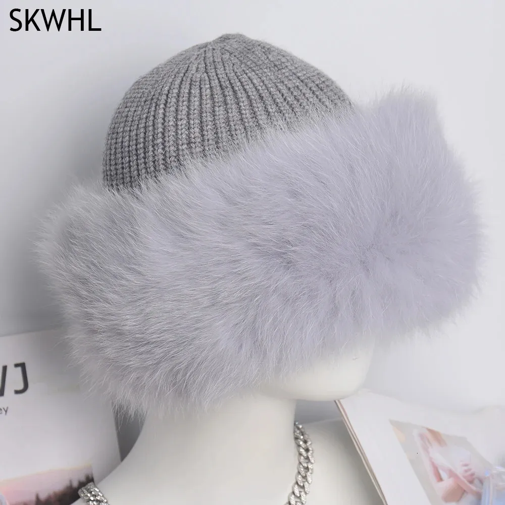 Trapper Hats Womens Winter Real Fox Fur Wool Knit Hat Lady Cap Beanie Women Natural Fluffy Warm Fedoras Sticked 231213