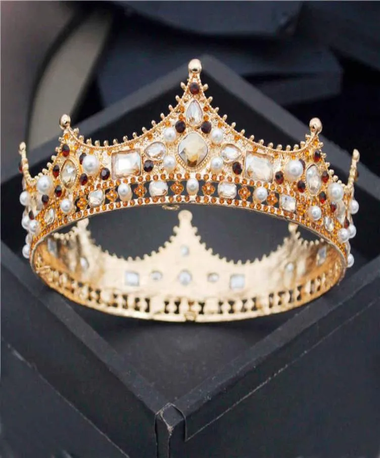 Barocco Royal King Diadema Uomo Perle di cristallo Diademi in metallo Corona nuziale Gioielli per capelli Ornamenti per testa grande Accessori per feste di ballo 2113339485