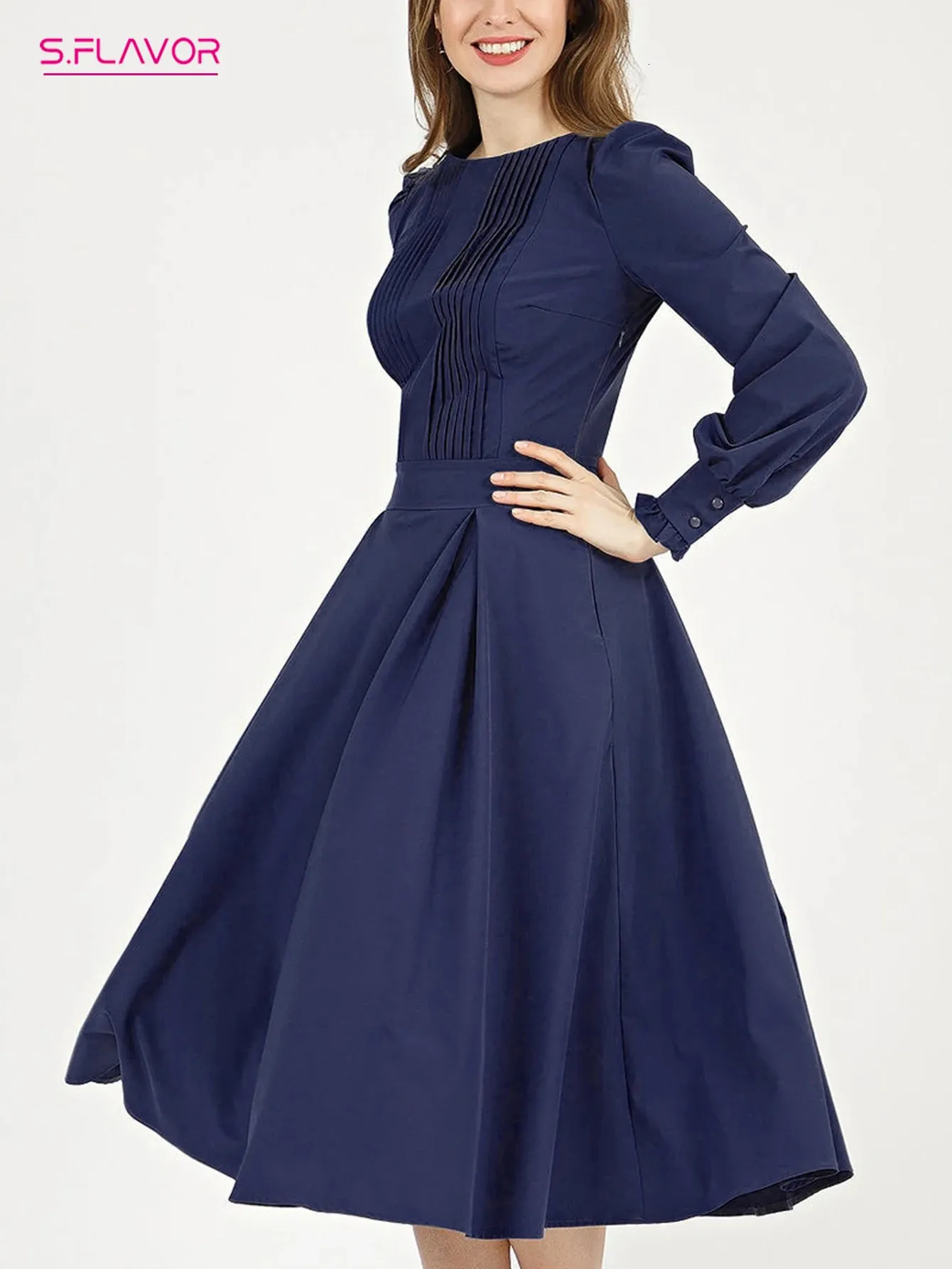 Basic Casual Dresses SFLAVOR Women Long Sleeve Classic Midi Dress Elegant Oneck Navy Color Pleated Working 231212