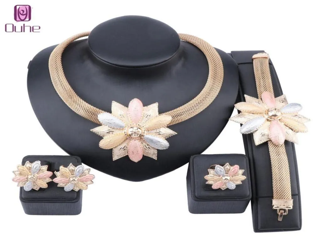 Ensemble de bijoux de mariage nigérians pour femmes, cadeau de mariée, mode entière, bijoux en or de dubaï, Design, collier, boucles d'oreilles, anneau 3247720